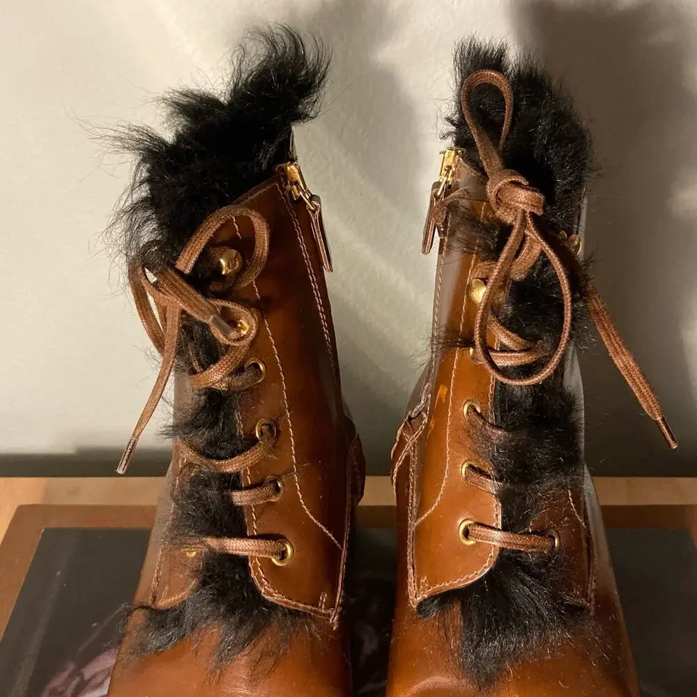 Prada Tobacco Burnished Leather Fur Combat Boot Orig $1400 Sz 38 / 7.5 8~ Mint - Picture 8 of 12